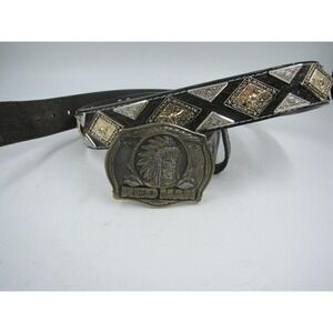 Vintage 1988 Red Man Pinkerton Tobacco Belt Buckle Leather Western Belt L